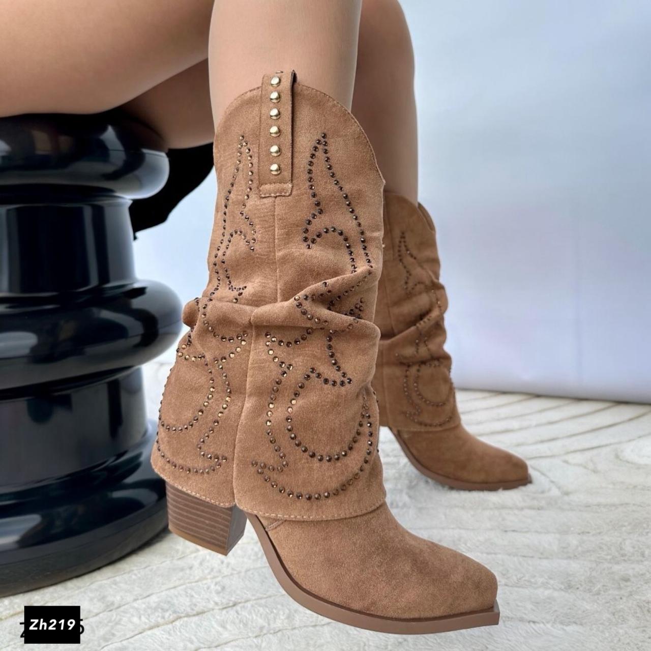 Bota texana café claro doblez apliques brillantes tacon 9cm A9982 C-90